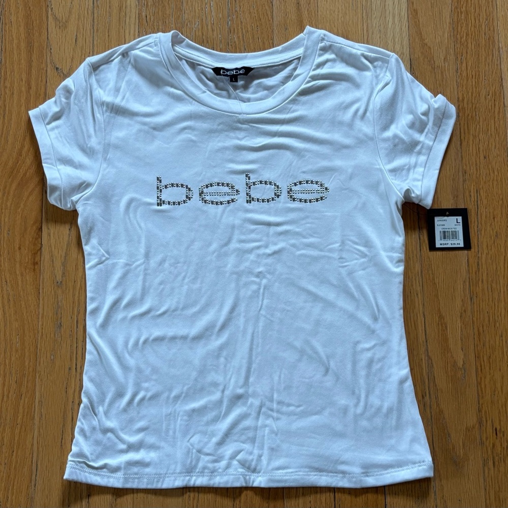 Bebe Bling Rhinestone White Juniors Large Baby Tee Top NWT Last one !!!